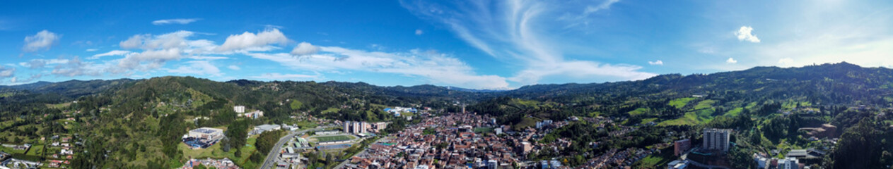 Obraz premium Guarne, Antioquia - Colombia. June 2, 2025. Aerial view with a drone. It is one of the 125 municipalities in the department.