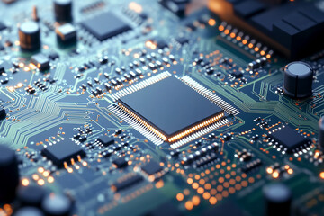 Fototapeta premium A detailed close up of a computer circuit board with central processor unit