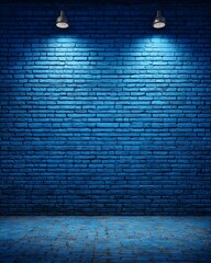Fototapeta premium Blue Brick Wall with Spotlights and Floor