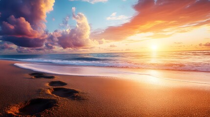 Footprints on the beach at sunset.