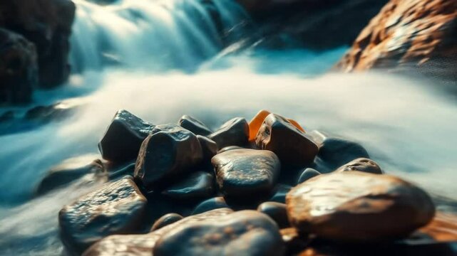 Zen Cascade: Flowing Water Serenity and Textured River Rocks Still Life Video