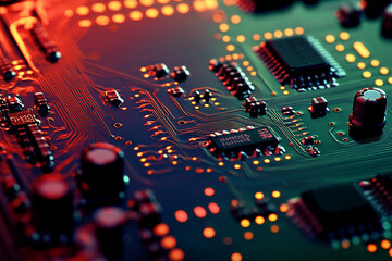 Obraz premium Close up view of a green circuit board with electronic components and traces