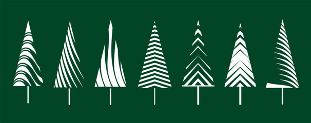 Set of White Christmas Tree on green background. Vector Illustration and Icons