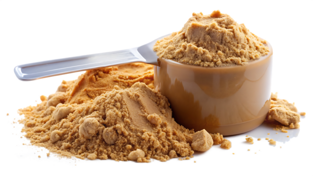 Whey protein supplement scoop with caramel whey protein powder isolated on a white background PNG, AI