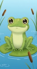 Fototapeta premium Adorable Cartoon Frog Sitting on a Lily Pad in a Pond