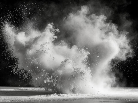 Dynamic black and white photograph of a white powder explosion, creating a dramatic cloud and scattering particles on a dark background.