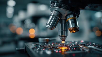 Close-up of sophisticated microscope examining specimen with abstract background