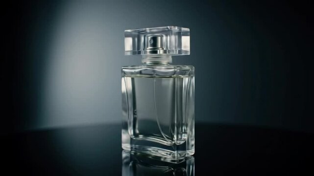 Close up of a square glass perfume bottle with a clear cap on a dark background