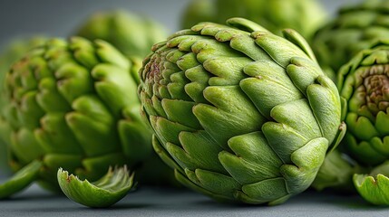 Obraz premium Arrangement of vibrant green artichokes showcasing textured leafy vegetables