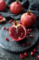 A stunning arrangement of fresh pomegranates showcases their reddish exterior and luscious red seeds on a dark slate surface