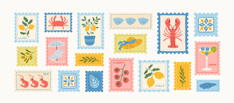 Set of italian summer mediterranean postage stamps. Vacation in Italy. Amalfi. Hand drawn lobster, lemons, tomato, seashell, cocktail, shrimp, crab, tile, beach umbrella. Vector trendy illustration.