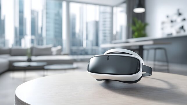Modern virtual reality headset on a table in a contemporary living space.