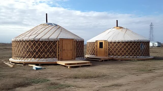 Two traditional yurts in a vast open landscape