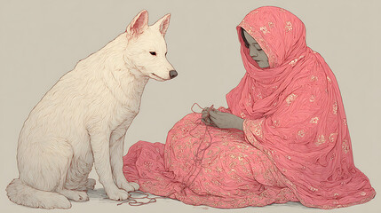 A woman sits on the ground with a dog next to her
