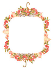 Square floral frame with umbrella, rowan berries and warm leaves. Watercolor autumn border for seasonal cards, packaging, thanksgiving or text overlay.