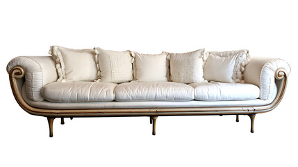A white couch with four pillows on it