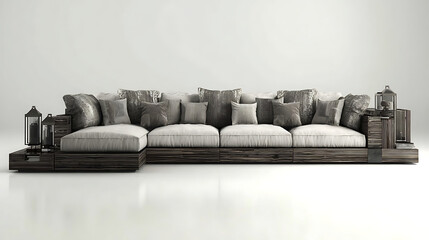 A long couch with pillows and lanterns on the side