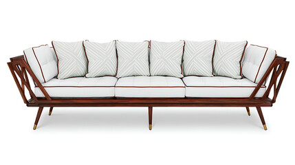 A long wooden couch with white pillows and a brown trim
