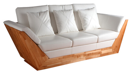 A white leather couch with three pillows on it