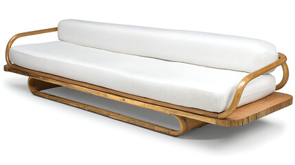 A white couch with a wooden frame