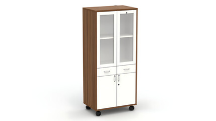 A wooden cabinet with two glass doors and a white door