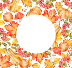 Round watercolor autumn busy frame with pumpkins, squash, leaves and apples. Harvest themed border for cards, packaging, prints or thanksgiving designs.