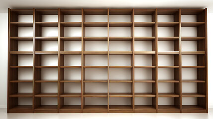 A large wooden bookshelf with many shelves and no books