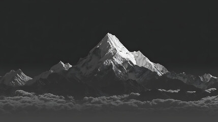 A mountain range is shown in black and white