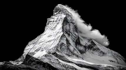 A mountain with a snow covered peak and a cloud of white smoke coming off of it