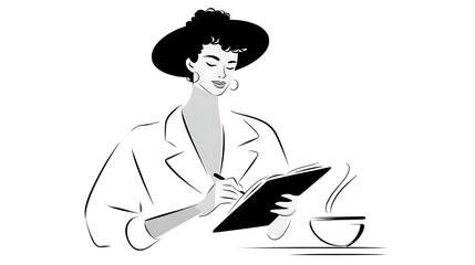 A woman is sitting at a table with a cup of coffee and a notebook