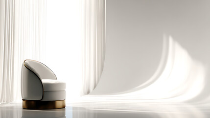 A white chair is sitting in front of a curtain