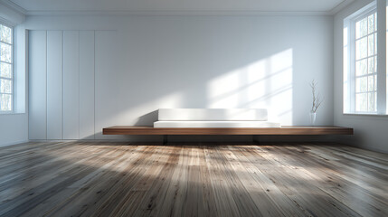 A large room with a white couch and a vase on a wooden shelf