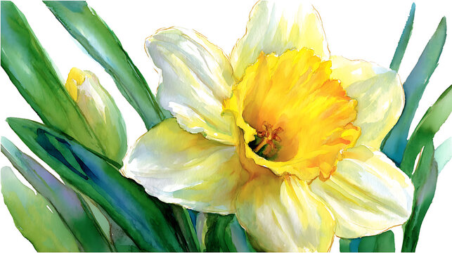 A painting of a yellow flower with green leaves