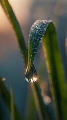 Morning Dew on Green Leaf at Sunrise