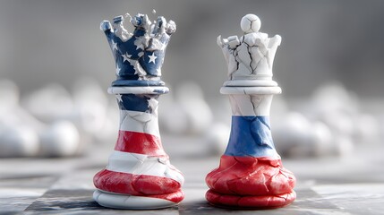 Cracked Chess Queens with American and Russian Flag Colors