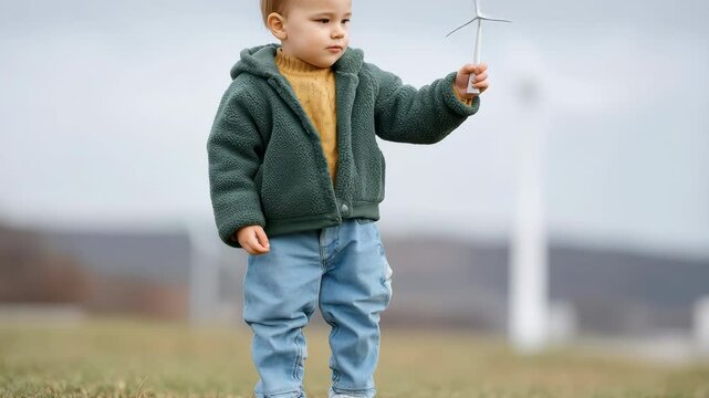 Curious toddlers outdoor exploration of nature with wind turbine toy ignites childlike curiosity and wonder in green setting.