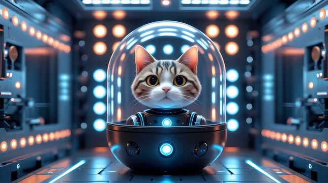 Sci-Fi Mech Cat with Glowing Eyes in High-Tech Display Capsule