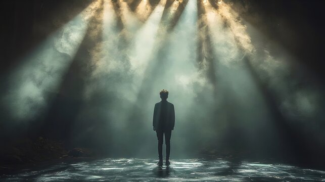 Dramatic silhouette of a man illuminated by beams of light and surrounded by atmospheric fog.