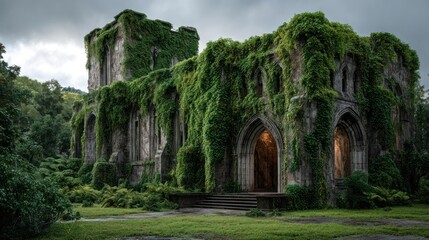 Obraz premium Lush green vines climbing over the decaying stonework of an ancient facade