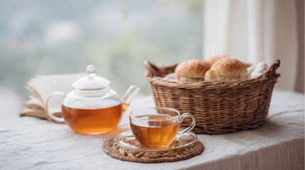Fototapeta premium serene morning routine featuring tea by window soft light illuminating breakfast scene with diary