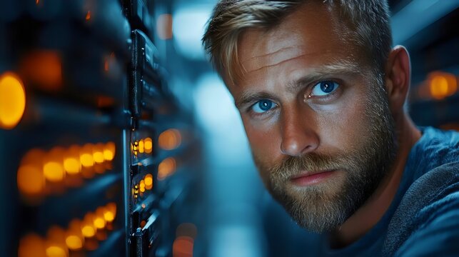 A serious technician in a server room, observing the system with a focused look.