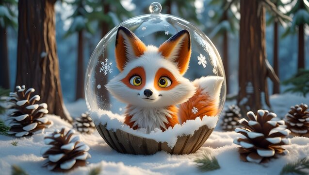 Enchanted Snow Globe Concept Featuring Cute Fox and Glowing Pines
