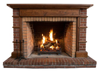 Cozy brick fireplace with burning wood ai generated isolated on a white background