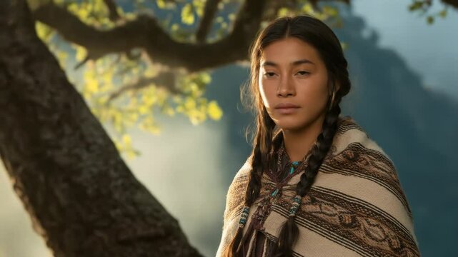 Woman with long braids and shawl outdoor portrait natural lighting cultural fashion people high quality image editorial use commercial use lifestyle advertising