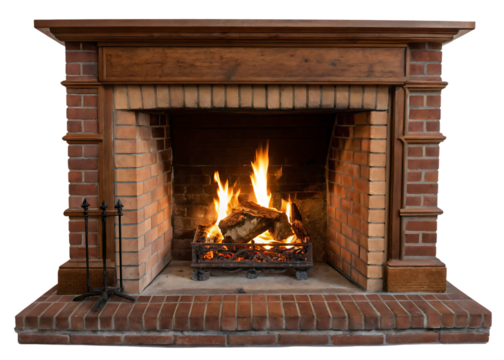 Cozy brick fireplace with burning wood ai generated isolated on a white background