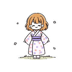 デフォルメ、浴衣を着た可愛らしい女の子のイラスト、アイコン、素材、背景なし、夏