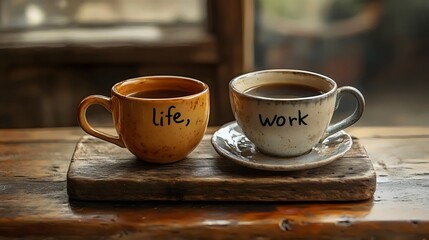 Fototapeta premium Coffee cups with 'life' and 'work' written, a visual representation of balance