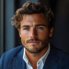 Obraz premium A striking portrait of a confident man in a suit, gazing intently at the viewer.