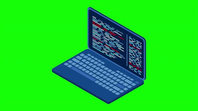 Isometric laptop animation. 3d isometric laptop computer. Abstract programming language and program code on a laptop screen. 4K video animated in isometric style