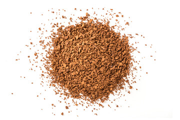 Heap of aromatic instant coffee isolated on white background. Top view
